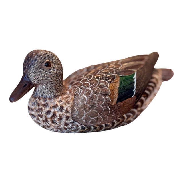 Vintage Hand-Carved Wooden Duck Decoy Sculpture, Signed & Dated 1976 (96?) | Folk Art For Sale