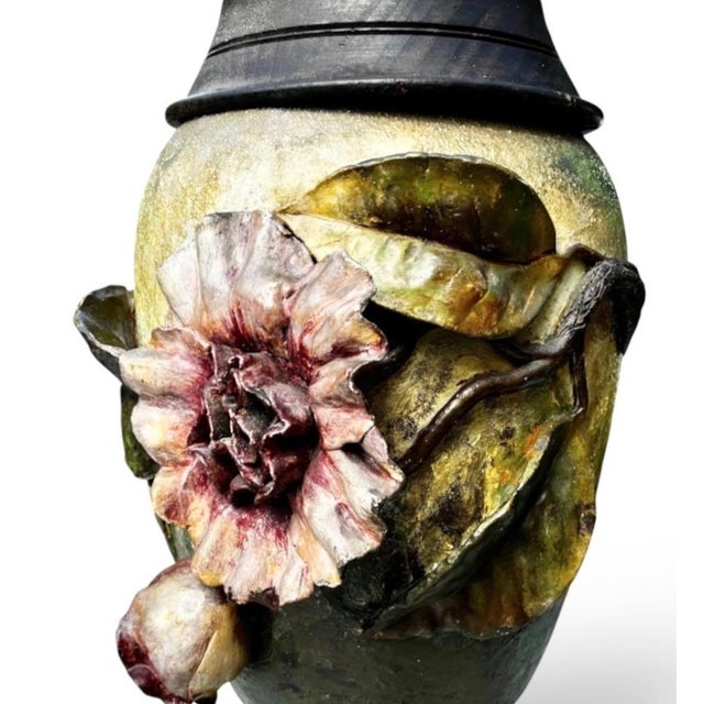 This piece is an authentic French Barbotine Majolica vase, produced around the 1880s during the Late 19th Century. The...