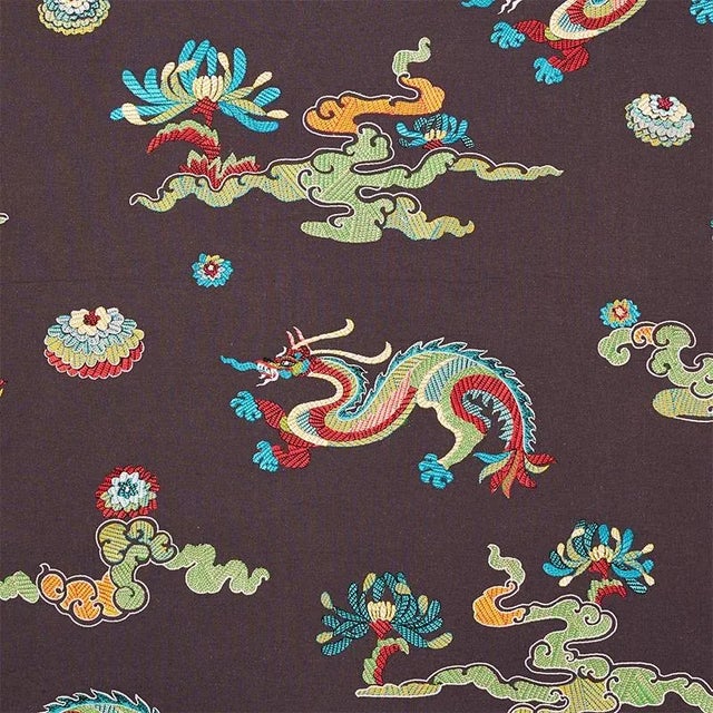 This lighthearted embroidered cotton is based on an archival fabric and features whimsical frolicking dragons and stylized...