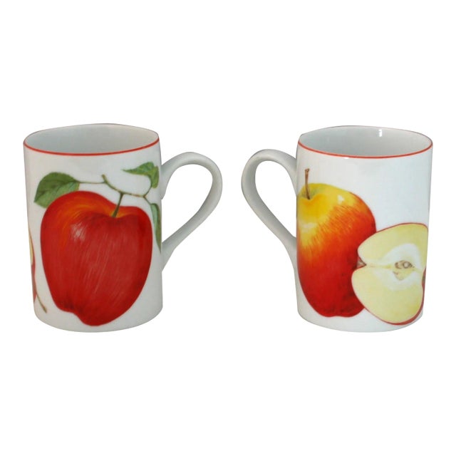 Vintage Fitz & Floyd Porcelain Pommier Blanc Mugs Red Apple Designs 411- Set of 2 For Sale