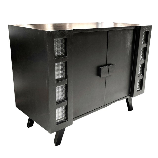 Mid Century James Mont Styled Black Lacquered & Glass Bar Cabinet & Tv Stand For Sale - Image 9 of 12