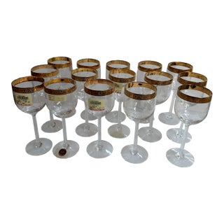 Vintage 1970s Lenox "Autumn" Pattern Set of Fifteen (15) Crystal Wine Glasses With Gold Band Encrusted 7.5" High - Set of 15 For Sale