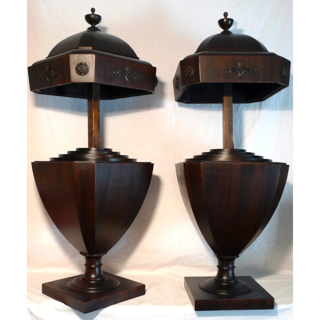 Offered is a fine pair of Regency-style Mahogany Cutlery Urns. Origin: Great Britain or USA. Period: Mid 19th century....