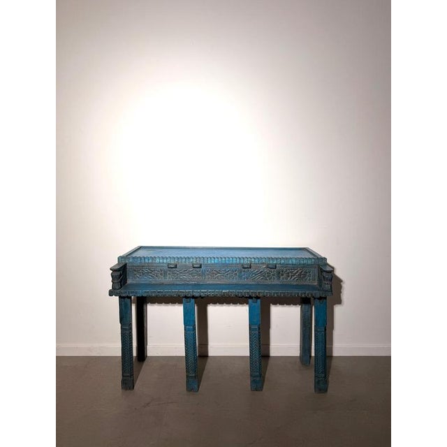 Wood Indian Carved Console Table in Turquoise Blue For Sale - Image 7 of 8