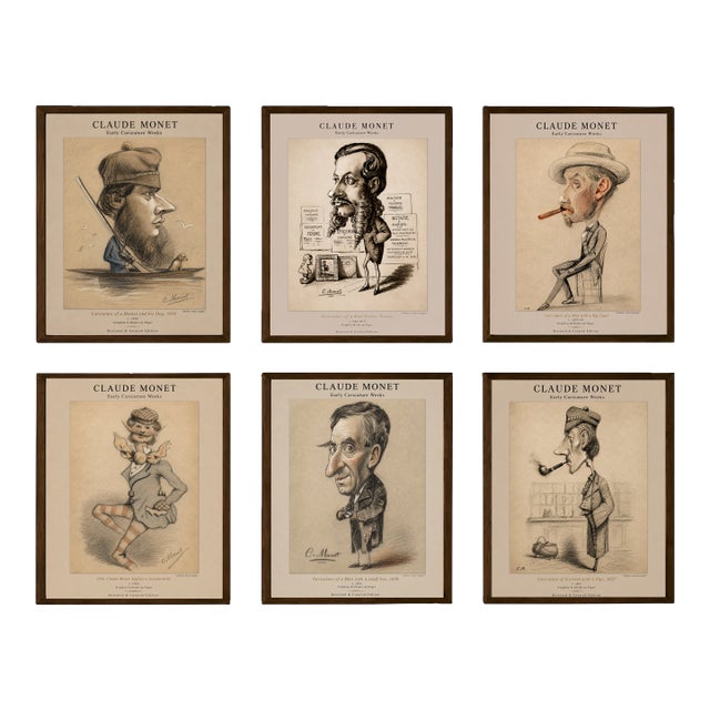 Claude Monet 1850s Caricature Portraits Fine Art Mounted Board Prints - Set of 6 For Sale