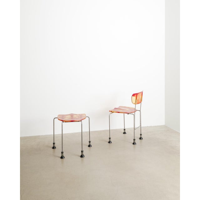 1990s Set of Italian Contemporary Dining Chair & Ottoman in Red-Yellow Resin by Gaetano Pesce for Bernini Italy, 1993 For Sale - Image 5 of 8