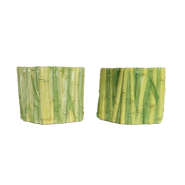 Hollywood Regency Italian Hollywood Regency Faux Bamboo Ceramic Cachepots- A Pair For Sale - Image 3 of 11