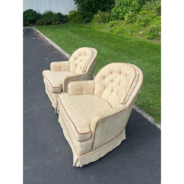 Pair of Tufted Button Back Swivel Chairs in a Cream Color With Brown Piping For Sale - Image 4 of 18