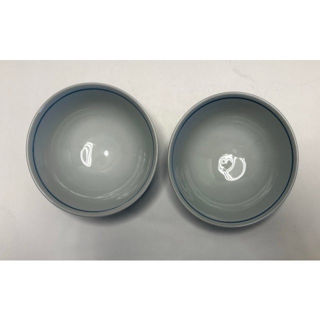 Contemporary Vintage Crane Japan Rice Bowls Set of 2 | Gray Blue Footed Porcelain Bowls | Japanese Soup Cereal Dessert Bowls | Minimalist Graphic For Sale - Image 3 of 8
