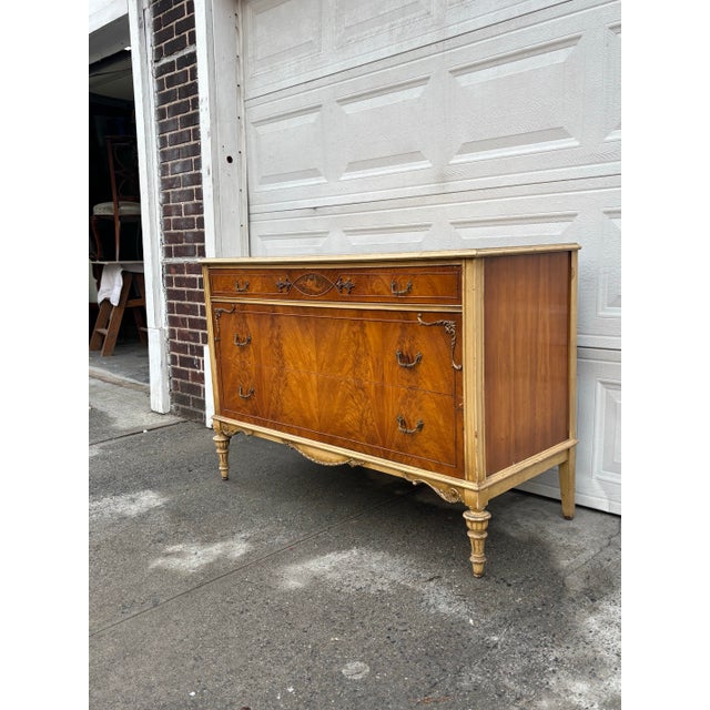 Vintage French Provincial Dresser | Walnut Veneer Chest of Drawers | Louis XV Style Cream & Wood Bedroom Furniture | Mid Century Dresser For Sale - Image 4 of 12