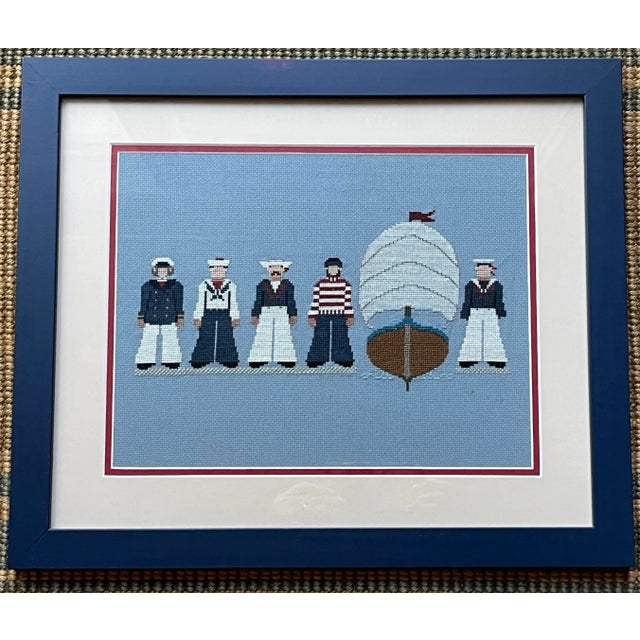 Wood Late 20th Century Coastal Nautical Maritime Sailors Cross Stitch Framed and Matted For Sale - Image 7 of 10