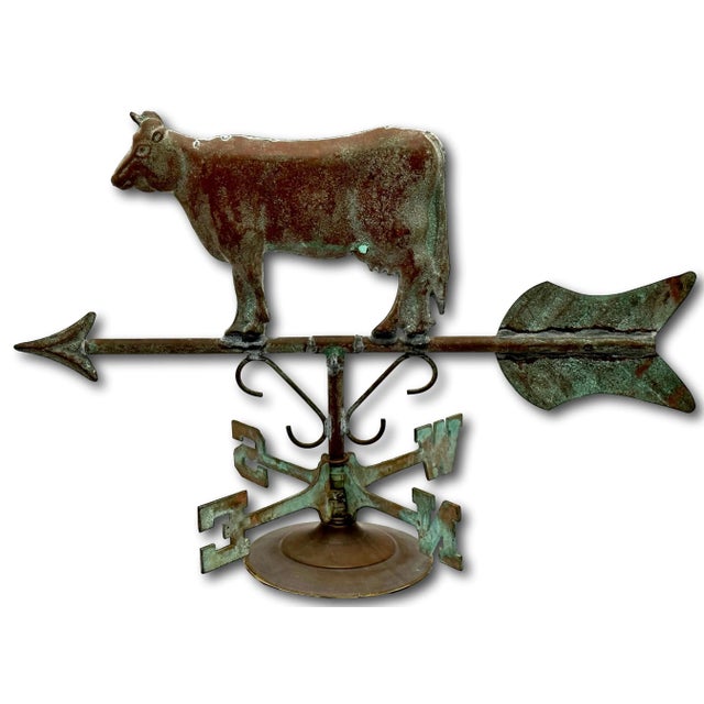 Verdigris Very Decorative Vintage Mid Century Copper & Brass Cow Weathervane With Wind Directional - Mounted for Display For Sale - Image 8 of 12