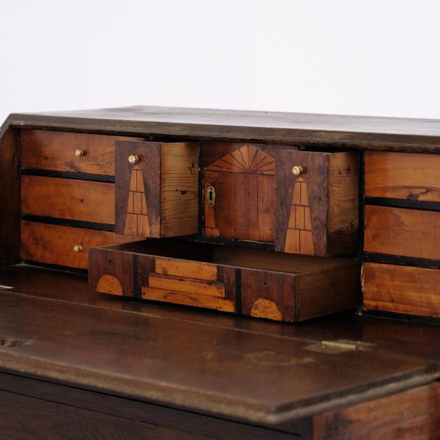 Brown Antique Empire Oak Secretary Desk with Inlay and Brass Fittings, 1840s For Sale - Image 8 of 13