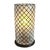Striking cylindrical Capiz shell shade table lamp on brown wood base. Diamond patterning of pewter finish metal frame and...