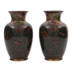 A Pair of Late 19th Century Meiji Japanese Cloisonne Enamel Goldstone Butterfly Vases