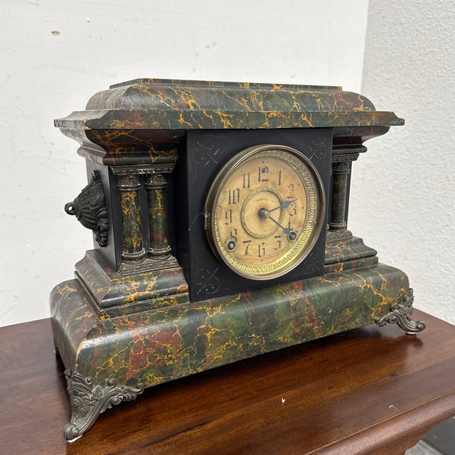 Victorian Welch Faux Green Marble Mantle Clock For Sale - Image 3 of 12