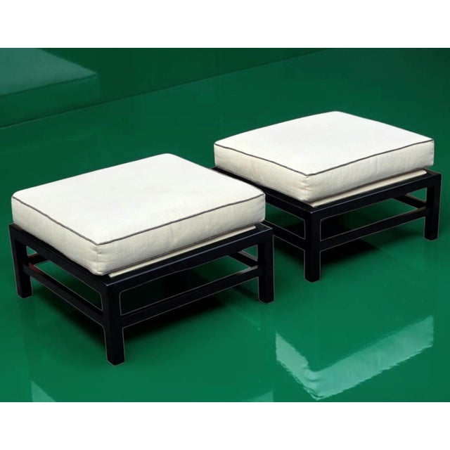 Wood Pair of Baker Furniture Black Lacquered Wood Frame Ottomans With Ivory Upholstered Cushions For Sale - Image 7 of 8