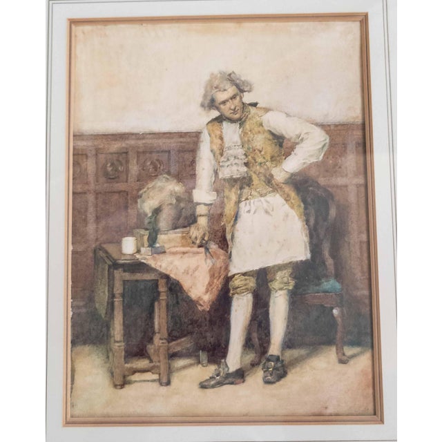 English 19th Century English Watercolor Painting of an 18th C. Interior Genre Scene For Sale - Image 3 of 14