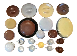 1960s Mid Century Modern Russel Wright Iroquois Ice Blue & Nutmeg Dinnerware - 66 Piece Set