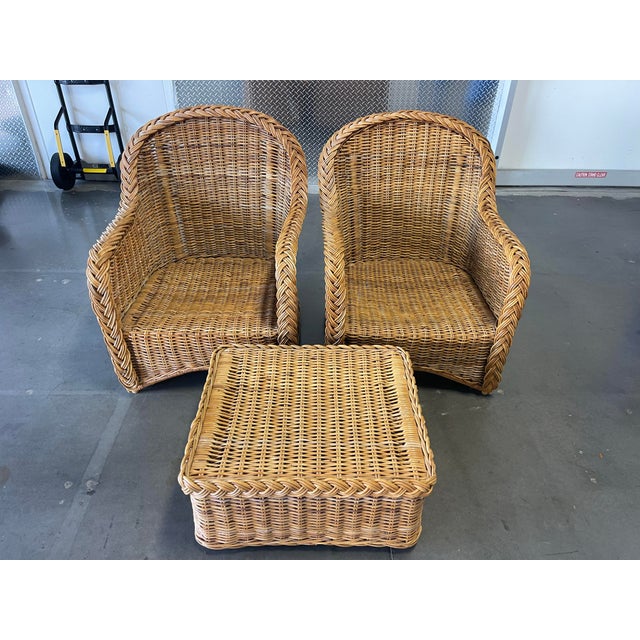 Vintage Organic Modern Braided Rattan Lounge Chairs With Ottoman For Sale - Image 10 of 12
