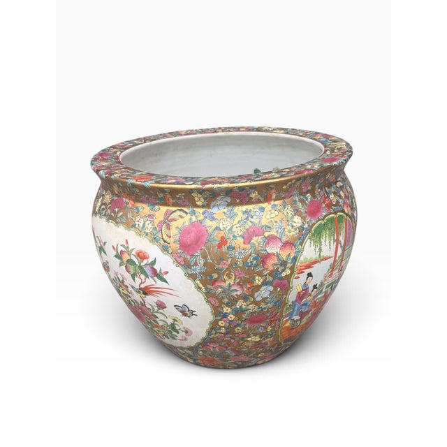 Ceramic Vintage Chinese Famille Rose Gilt Porcelain Fishbowl Planter With Floral and Bird Motifs For Sale - Image 7 of 14