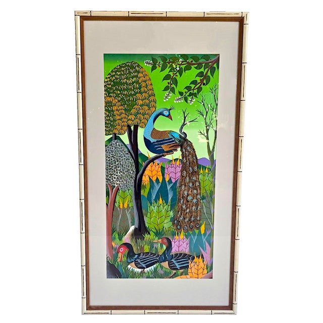 Offered is a framed original serigraph screen print of Haitian artist Adam Leontus's Peacock bird, the original done in...