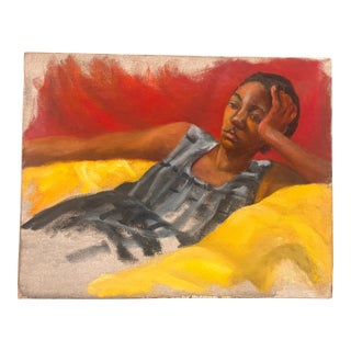 Vintage Original Modernist Figurative Painting Reclining Woman Red Yellow Abstract Art Mid Century For Sale
