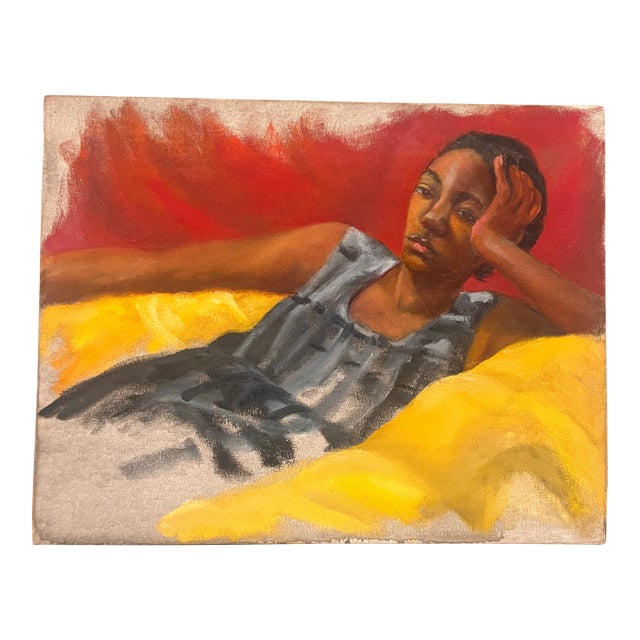 Vintage Original Modernist Figurative Painting Reclining Woman Red Yellow Abstract Art Mid Century For Sale