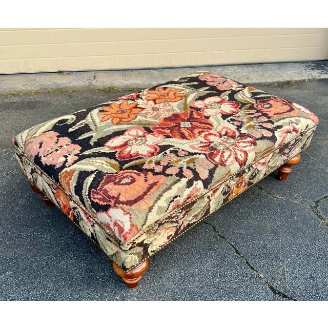 1990s George Smith Style Turned Leg Kilim Ottoman For Sale - Image 5 of 6