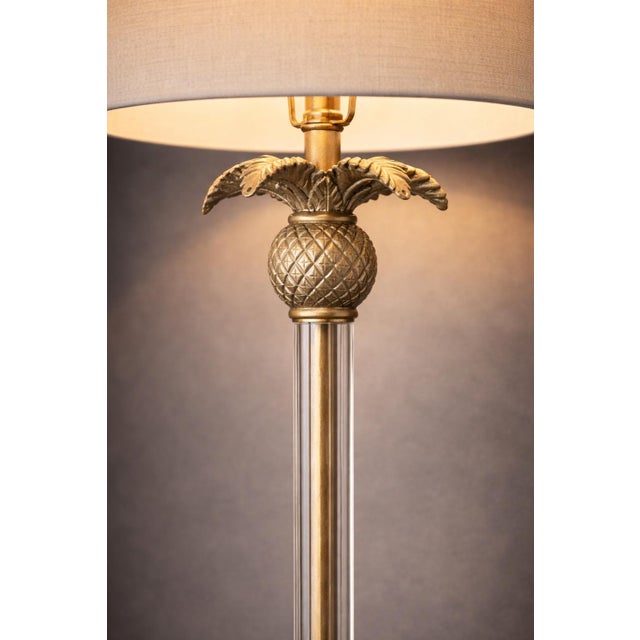 Late 20th Century Tall Hollywood Regency Sunlit Brass & Glass Column Table Lamp With Pineapple Motif and Linen Drum Shade – 32” H For Sale - Image 4 of 8