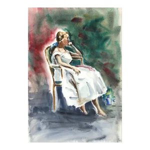1940s "Seated Woman in White Dress P6.54" Watercolor Painting by Eve Nethercott