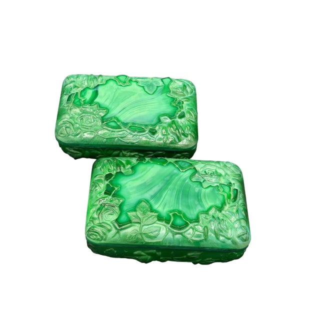 Vintage Malachite Glass Carved Trinket Boxes - a Pair For Sale - Image 4 of 7