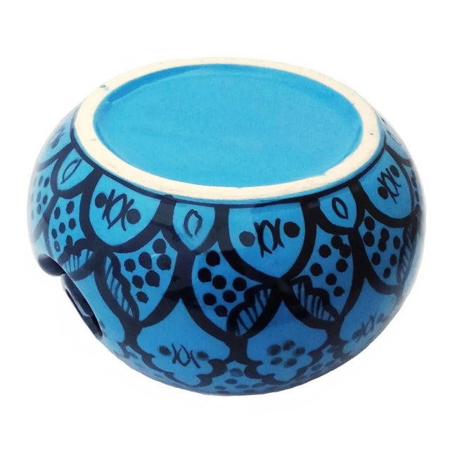 2010s Boho Chic Handcrafted Greek Blue Ceramic Yarn Bowl For Sale - Image 5 of 6