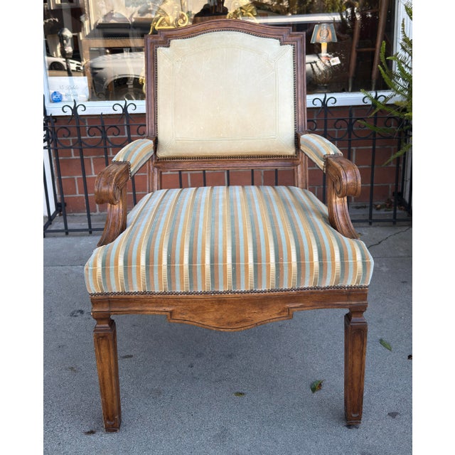Hendrix Allardyce Neoclassical Walnut Leather & Velvet Arm Chair.