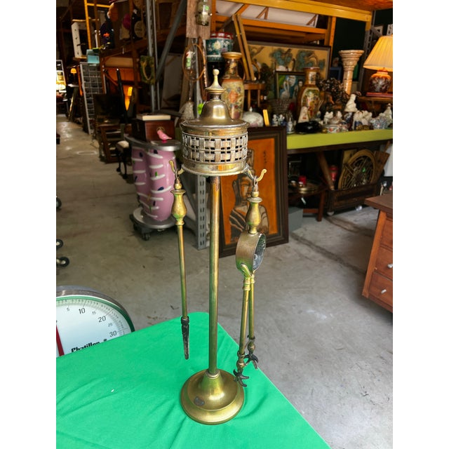 Mid-Century Modern Vintage Brass Fireplace Tools and Holder For Sale - Image 3 of 12