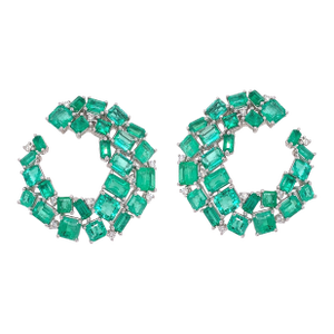 Colombian Emerald & Diamond C-Shape Earring 18k Gold, A Pair