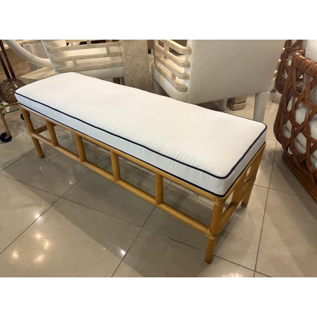 Vintage Palm Beach Rattan Bench Newly Upholstered Navy Blue & White For Sale In West Palm - Image 6 of 10
