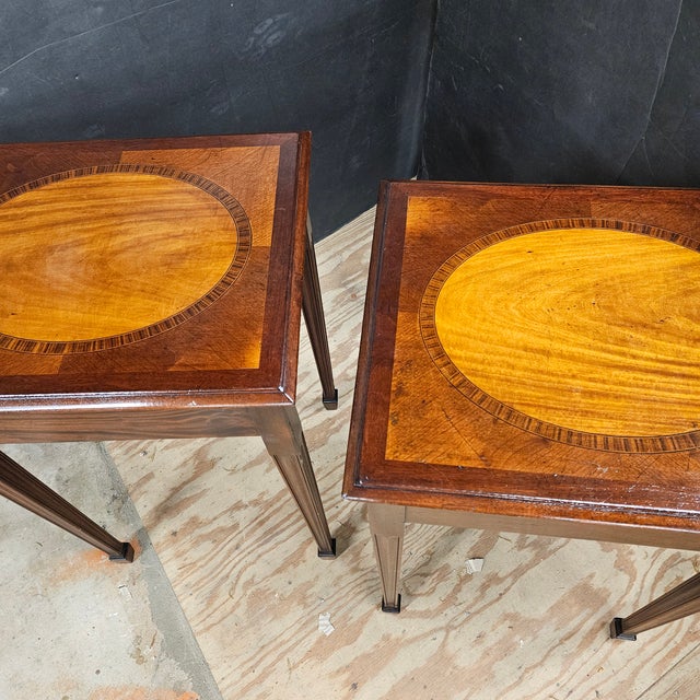 Late 20th Century Pair of Regency Style Mahogany Inlaid & Banded Side Tables For Sale - Image 4 of 12