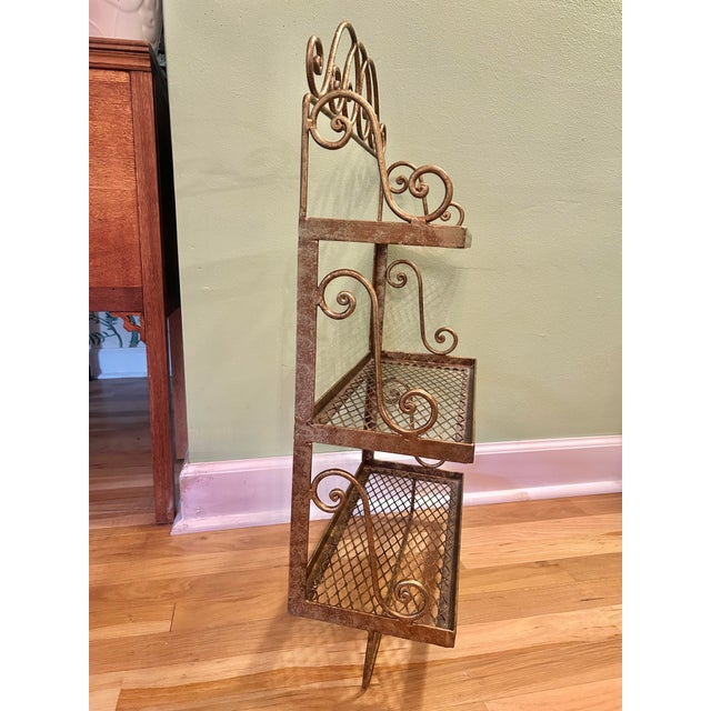 Rustic European Vintage Hollywood Regency Gilt Metal 3-Tier Wall Shelf With Towel Bar For Sale - Image 3 of 11