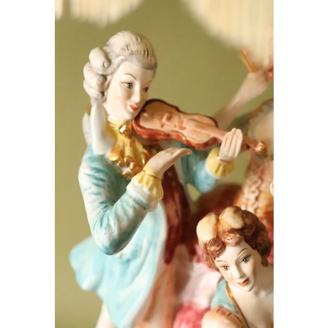 1960s Vintage Italian Figural Porcelain Lamp With Fringed Shade - Courting Musicians Quartet For Sale - Image 5 of 10