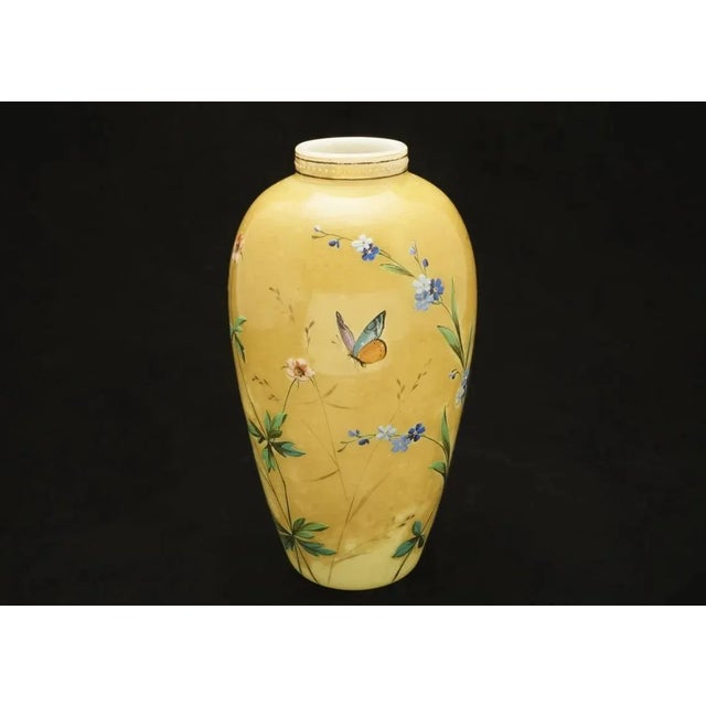 Traditional Antique Amber Yellow Art Glass Vase Cased Glass with Butterfly Wildflower Decor For Sale - Image 3 of 8