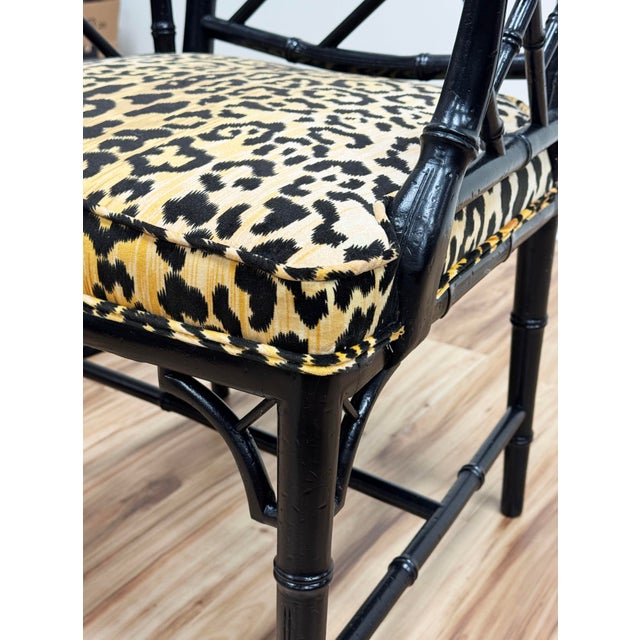 Vintage Chippendale Style Black Faux Bamboo Arm Chair With Leopard Print Velvet Upholstery For Sale - Image 10 of 11
