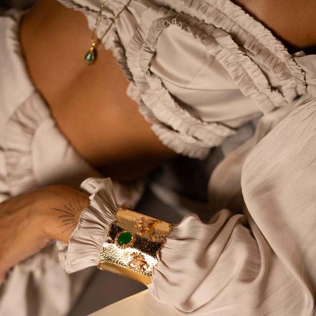 Metal Emerald Wisdom Eagle & Owl Gold Cuff Bracelet For Sale - Image 7 of 13