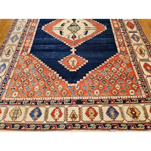 Navy Blue Vintage Turkish Azeri Rug, Hand-Knotted Wool, Geometric Design, Navy & Red, 8x11 For Sale - Image 8 of 15