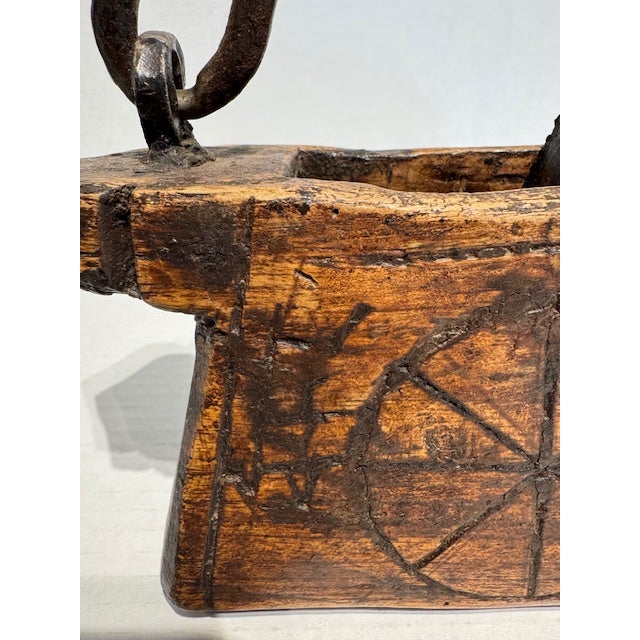 Wood Antique Hand Carved Wooden Oil or Grease Carrier "Oil Purse" For Sale - Image 7 of 8