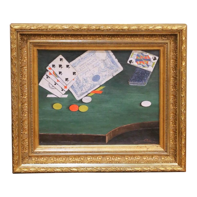 19th Century French Signed Still Life Painting of Playing Cards and Casino Table For Sale