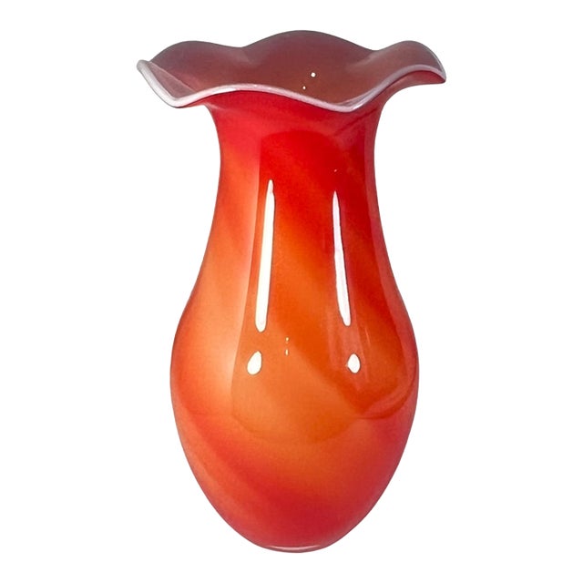 13 3/4 In. Tall Vintage Bulbous Scalloped Rim Cased White Orange Art Glass Vase For Sale