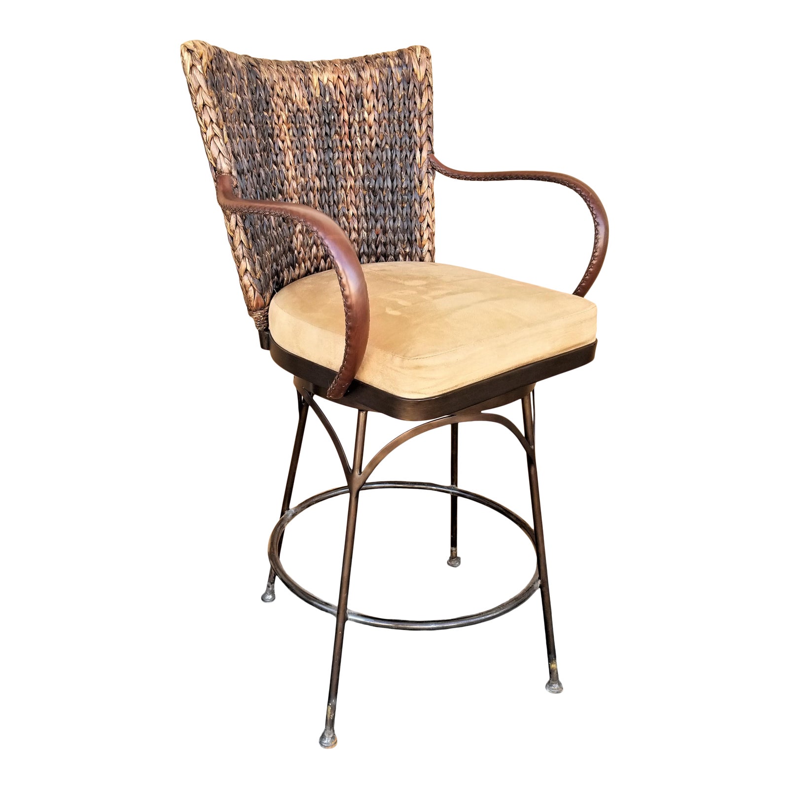 Palecek " Havana " Swivel Woven Abaca Back, Leather Arms and Wrought
