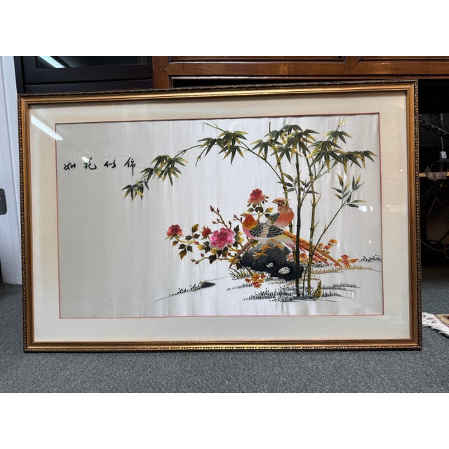 Chinese Vintage Chinese Embroidered Silk Tapestry, Framed For Sale - Image 3 of 12