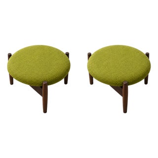 Mid Century Style Round Walnut Ottomans With Lime Green Fabric For Sale